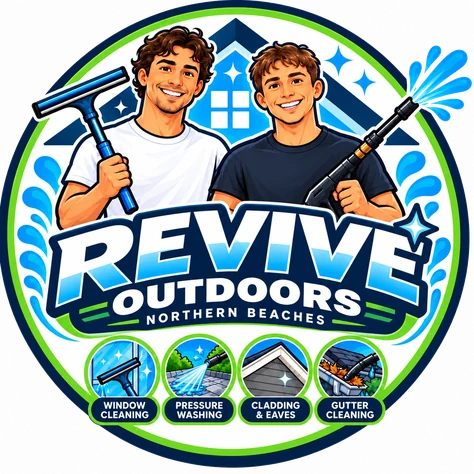 The Revive Outdoors Northern Beaches badge: David and Charlie with a squeegee and a pressure washer
